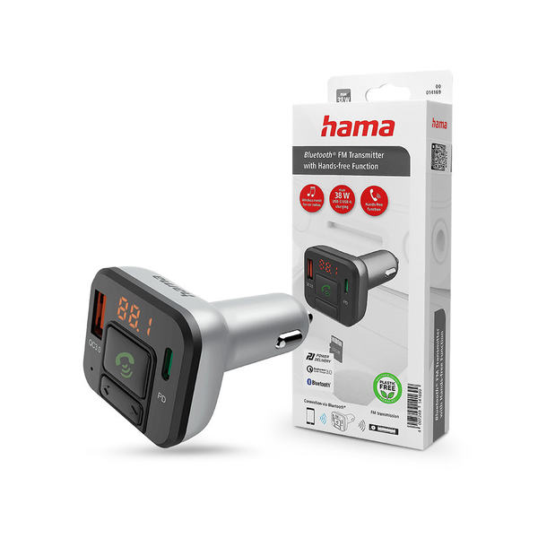 HAMA Bluetooth FM-transmitter/szivargyújtó töltő - USB +Type-C + MP3 +          kártyaolvasó + PD + QC 3.0 - ezüst/fekete