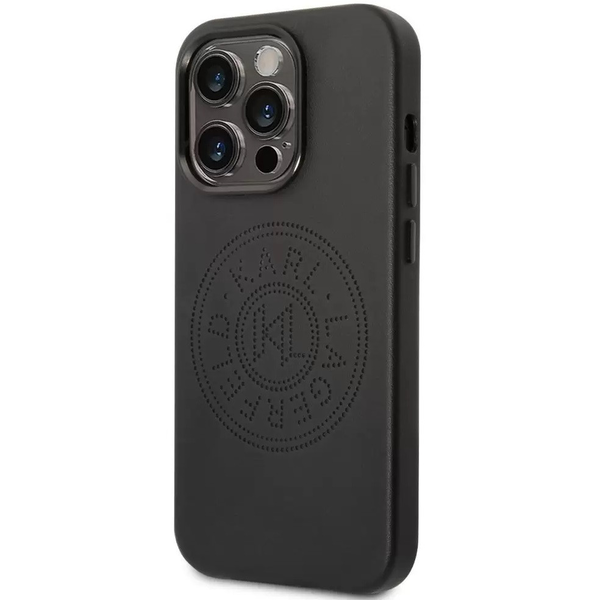 Apple iPhone 14 Pro, пластмасов заден капак + силиконова рамка, заден капак с ефект на кожа, шарка на логото на Karl Lagerfeld, перфорирано лого на Karl Lagerfeld, черен (XP126703)