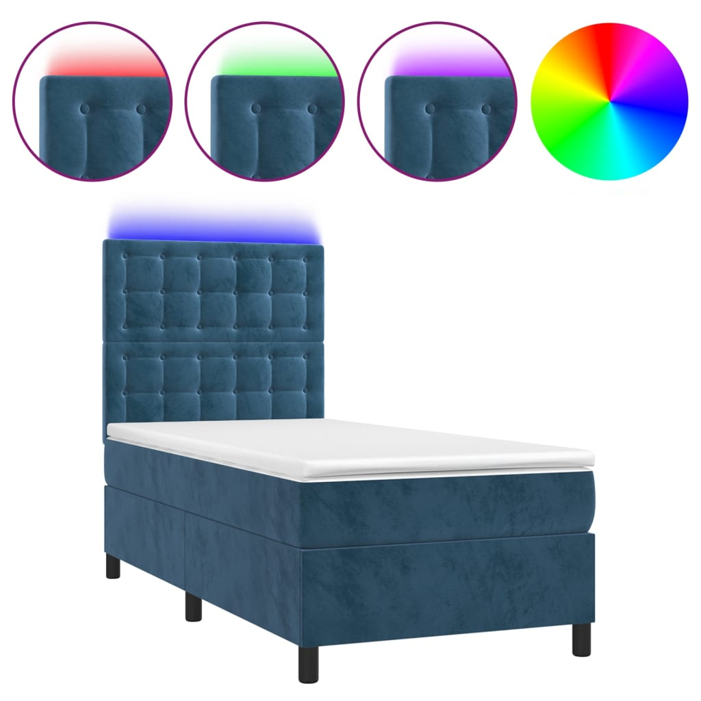 sötétkék bársony rugós és LED-es ágy matraccal 90x200 cm (3136345)