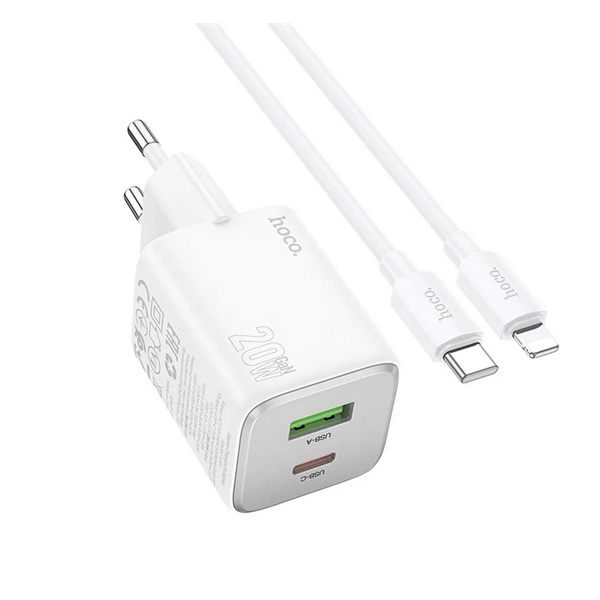 Hoco N41 hálózati töltő USB+Type-C aljzat (20W, GaN, PD gyorstöltő 3.0 + lightning kábel) FEHÉR (N41_LIGHTNING_W) (N41_LIGHTNING_W)