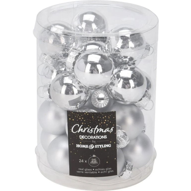 H&L Set of Christmas glass ornaments 24 pcs 2,5 cm shiny / matt silver (A854-00-00)