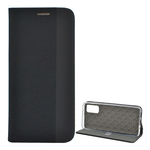 Tok álló, bőr hatású (FLIP, oldalra nyíló, asztali tartó funkció, textil minta) FEKETE [Samsung Galaxy S20 5G (SM-G981U)] (5996457951246)