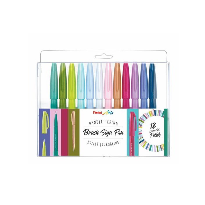 Pentel Brush Sign Kalligrafikus ecsetirón készlet - Vegyes pasztell színek (12 db / csomag) (SES15C-12)