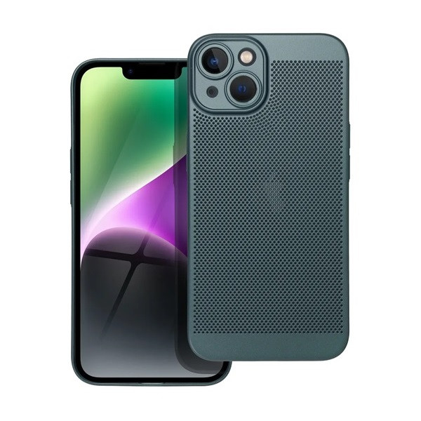 Apple iPhone 14, Műanyag hátlap védőtok, légáteresztő, lyukacsos minta, Breezy, sötétzöld (G142645)