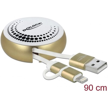 Delock USB 2.0 2 az 1-ben behúzható kábel A-típusú Micro-B és Lightning fehér / arany (85820)
