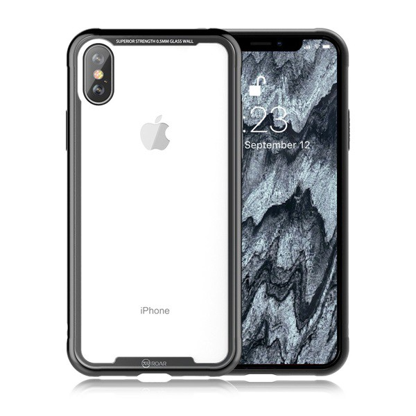 ROAR Glass Airframe telefonvédő szilikon keret (BUMPER, közepesen ütésálló, edzett üveg hátlap) FEKETE [Apple iPhone XS Max 6.5] (5996457829514)