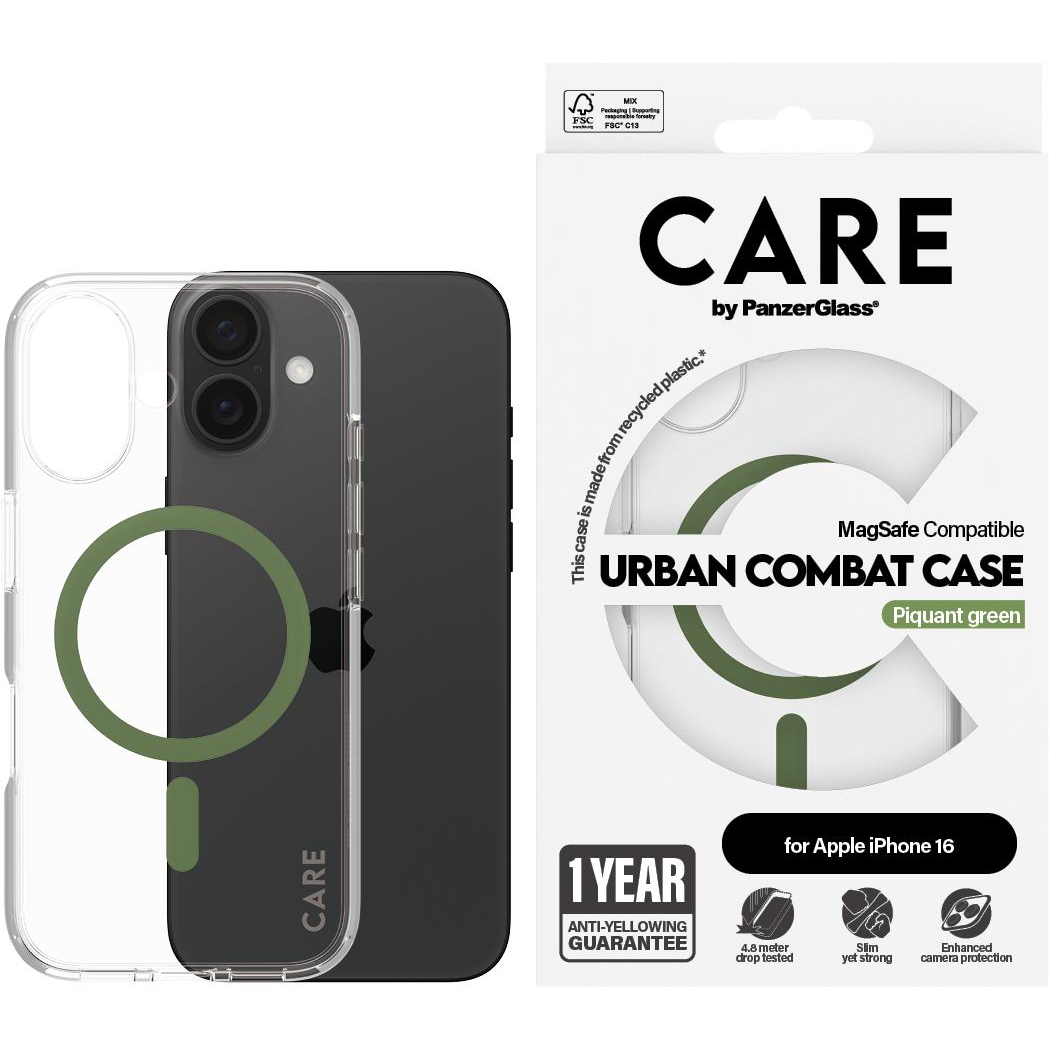 PanzerGlass CARE Apple iPhone 16 MagSafe Urban Combat átlátszó/zöld nem sárguló tok (1369)
