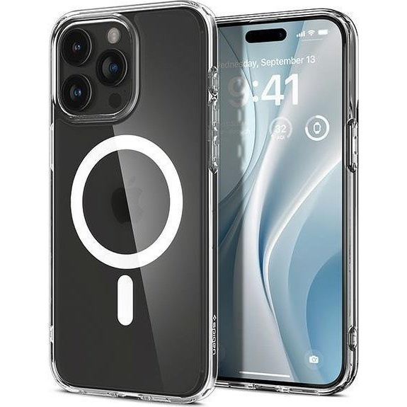 Spigen Ultra Hybrid Mag Matte Hátlap Védőtok + Szilikon Keret - Apple iPhone 15 Pro, Magsafe Töltővel Kompatibilis, Áttetsző/Fehér (Spi002585)