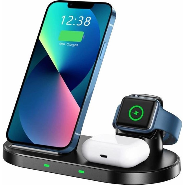 Cargador Inalámbrico 3 En 1 Soporte Negro Para Apple Y Samsung