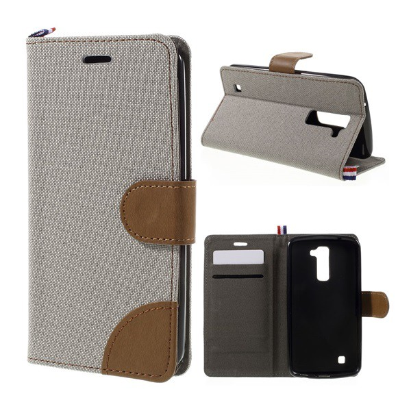 Tok álló, bőr hatású (FLIP, oldalra nyíló, asztali tartó funkció, textil hatás) SZÜRKE [LG K10 (K420n)] (5996457650422)