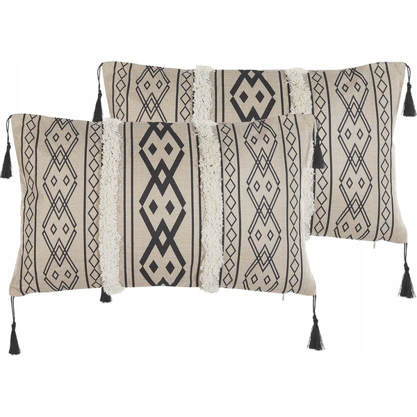 Conjunto De 2 Cojines De Poliéster Beige Negro Patrón Geométrico Borlas Decorativas 30 X 50 Cm Pulmonaria - Beige