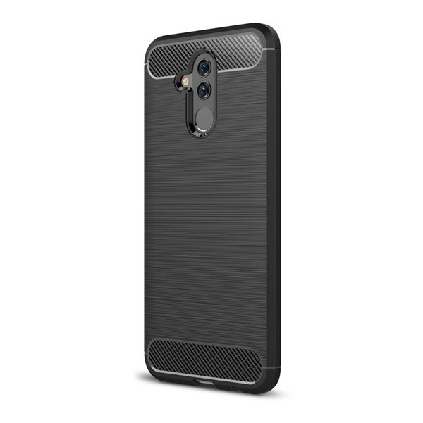Szilikon telefonvédő (közepesen ütésálló, légpárnás sarok, szálcsiszolt, karbon minta) FEKETE [Huawei Mate 20 Lite] (5996457806379)
