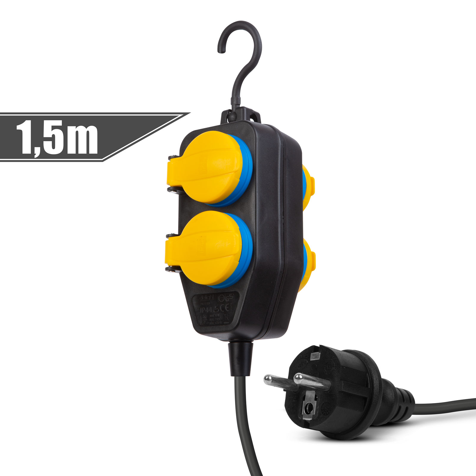 Delight 20223D 220V Kültéri elosztó 4 aljzatos 1.5m - Fekete/Sárga (20223D)