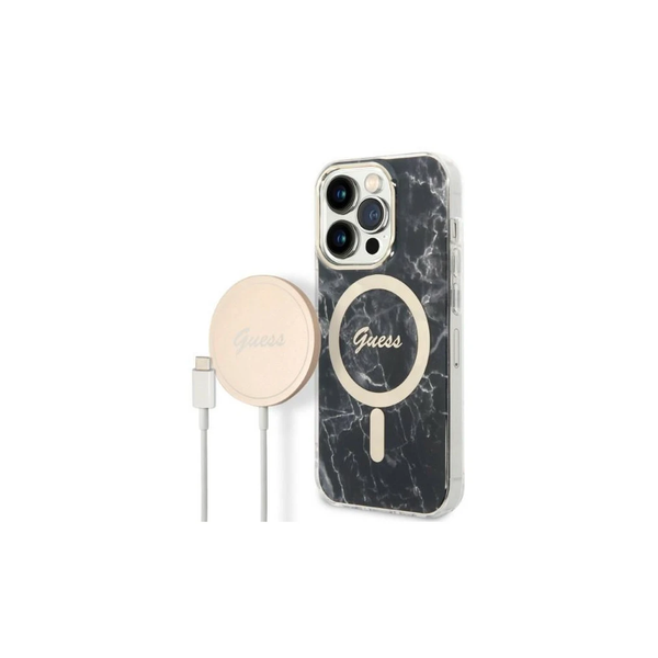 Guess Set GUBPP14XHMEACSK kemény tok+ töltő iPhone 14 Pro Max 6,7 készülékhez Marble MagSa fekete