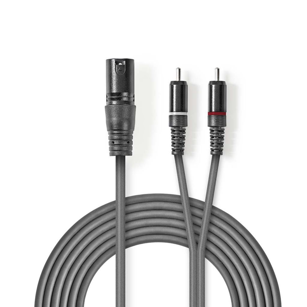 Nedis XLR 3-Tűs Dugasz, RCA Dugasz x2, PVC, nikkelezett, szimmetrikus audió kábel, 3m, sötét szürke (COTH15200GY30) (COTH15200GY30)