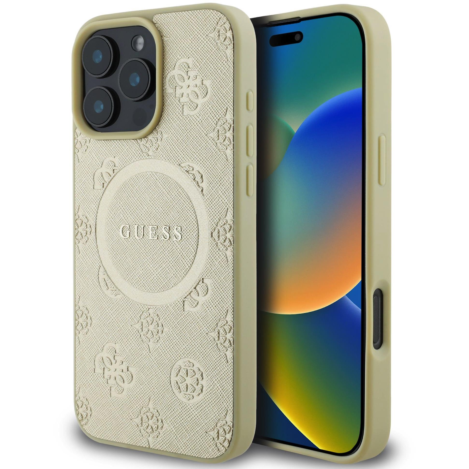 Guess Saffiano Peony Stamp MagSafe iPhone 16 Pro Gold tok (GUHMP16LPSAPSMED)