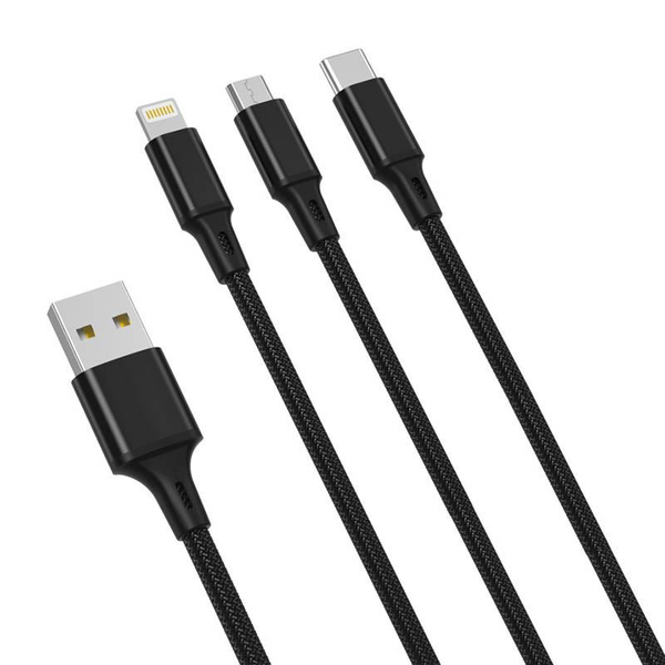 Cablu pentru incarcare si transfer de date XO NB 173 3 IN 1, USB TYPE-C/LIGHTNING/MICRO-USB, 2.4A, 1.2M, NEGRU