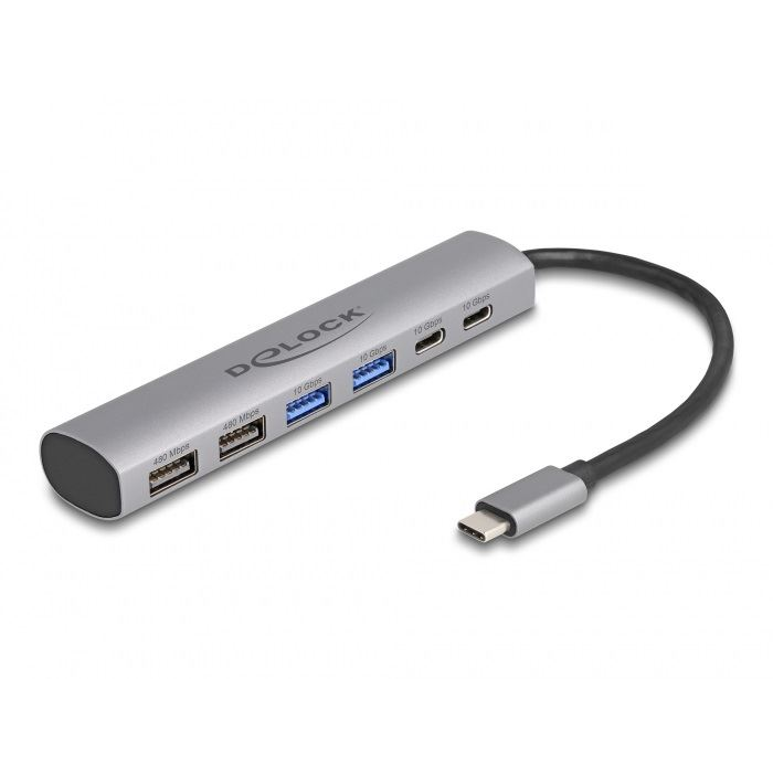 Delock 6 portos USB hub 4 x A-típusú USB anyával és 2 x USB Type-C anya csatlakozóval (64232)