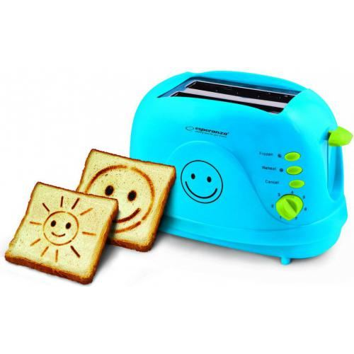TOUSTOVAČ SMILEY MODRÝ 750W VELKÝ VÝKON 2 TOASTY PRO DĚTI KŘUPAVÉ SMAJLÍKY