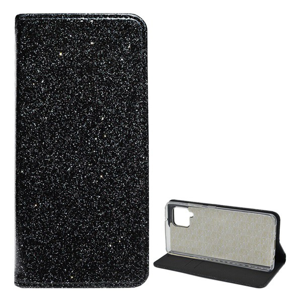 Tok álló, bőr hatású (FLIP, szilikon belső, oldalra nyíló, asztali tartó funkció, bankkártya tartó, csillogó) FEKETE [Samsung Galaxy A42 5G (SM-A425F)] (5996591033280)