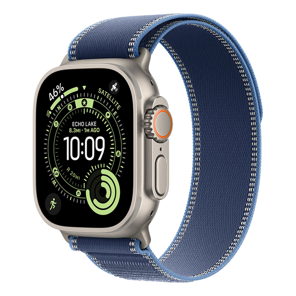 Apple Watch Ultra 3 с GPS и мобилна връзка, 49 мм, корпус от естествен титан, синя каишка за терен