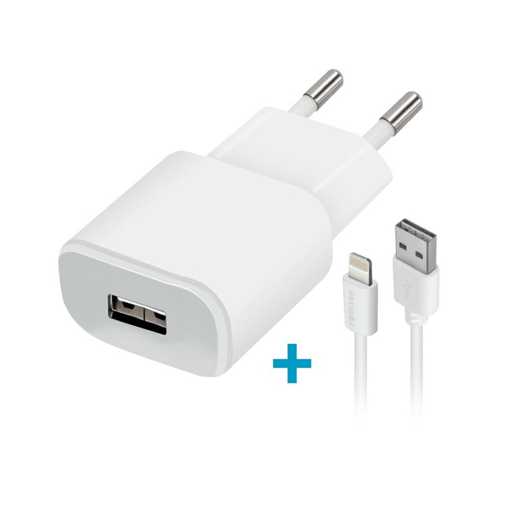 Hálózati töltő adapter, 5V / 1000 mAh, USB aljzat, Lightning kábellel, Forever, fehér, TC-01 (72036)