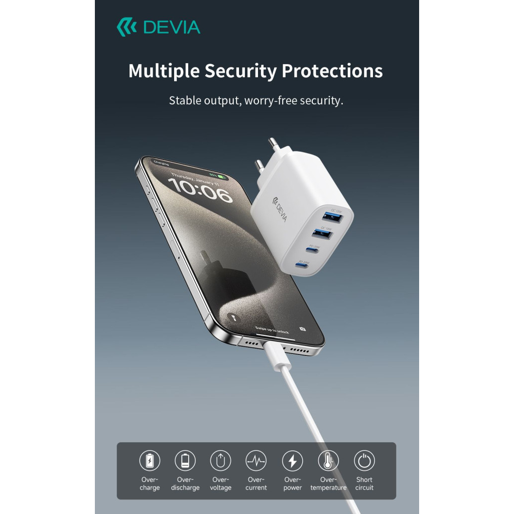 Devia Pro1 40W GaN QC 2xUSB + 2xType-C hálózati gyorstöltő adapter - fehér (ST137325)