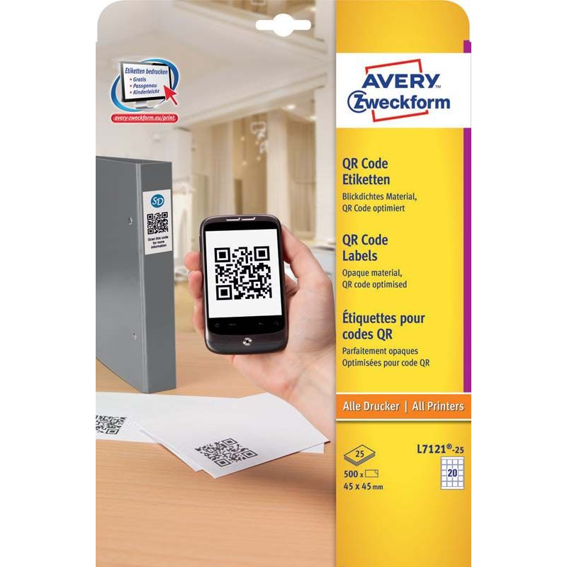 Etikett, univerzális, 45x45 mm, AVERY ZWECKFORM, 500 etikett/csomag (L7121-25)