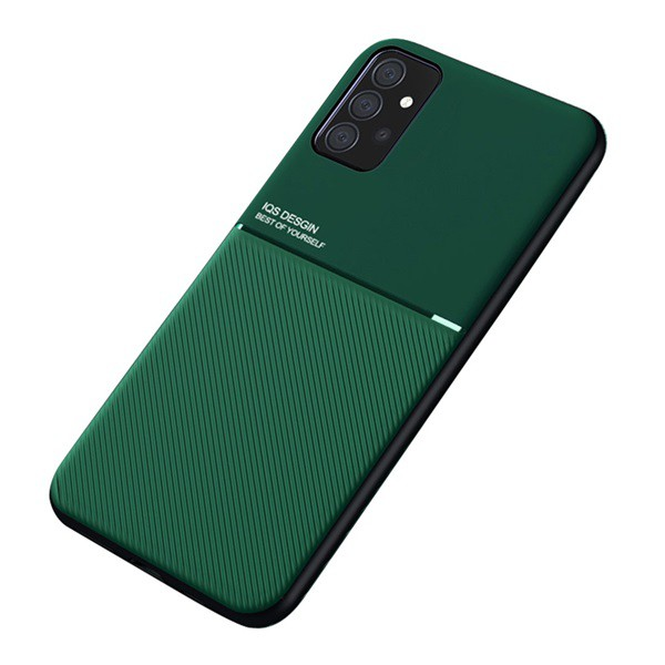 Műanyag telefonvédő (szilikon keret, közepesen ütésálló, beépített fémlemez, bőr hatású hátlap, csíkos minta) SÖTÉTZÖLD [Samsung Galaxy A52s 5G (SM-A528)] (5996591133003)