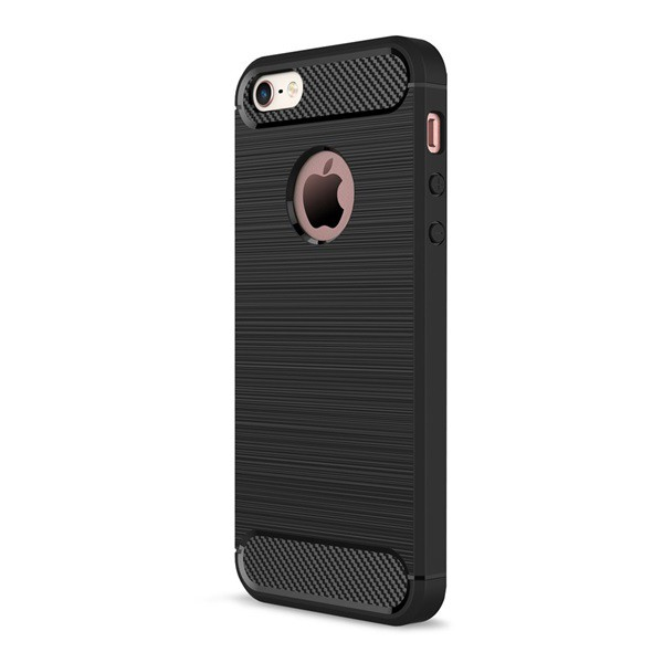 Szilikon telefonvédő (közepesen ütésálló, légpárnás sarok, szálcsiszolt, karbon minta, logo kivágás) FEKETE [Apple iPhone SE (2016)] (5996457672783)