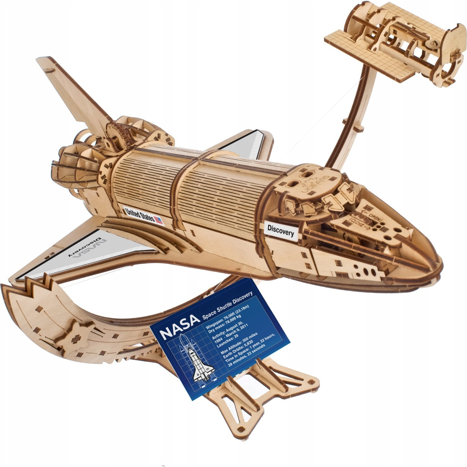 Космическа совалка Space Shuttle Discovery - Механичен 3D дървен пъзел от 315 части — Ugears U-70227