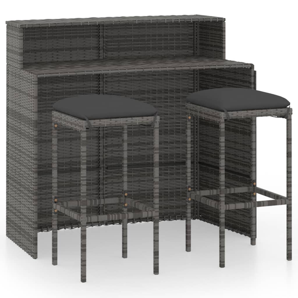 Set mobilier bar de grădină cu perne, 3 piese, gri