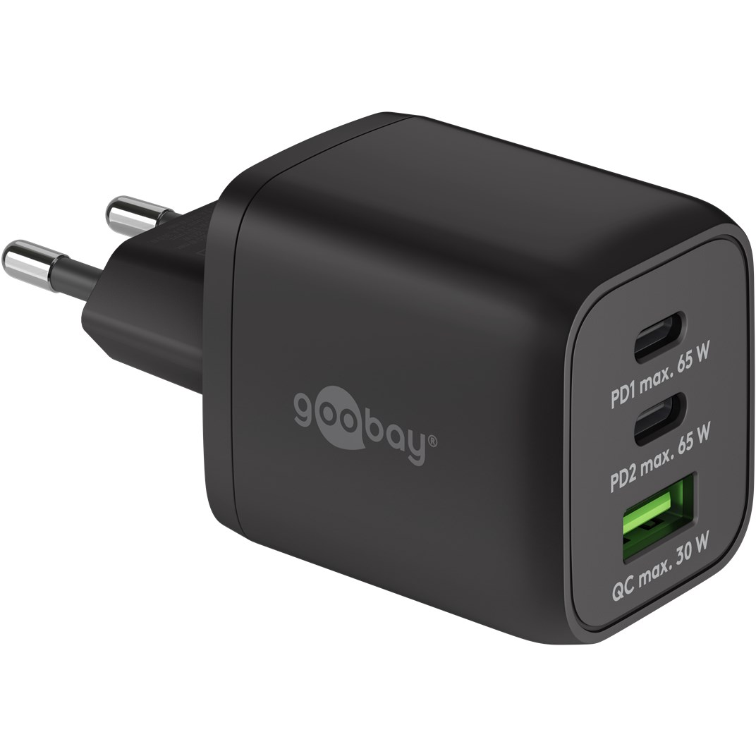 Goobay 64753 2x USB-C / USB-A Hálózati töltő - Fekete (65W) (64753)