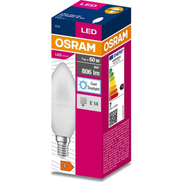 LED žiarovka sviečka E14 8W = 60W B35 6500K Osram