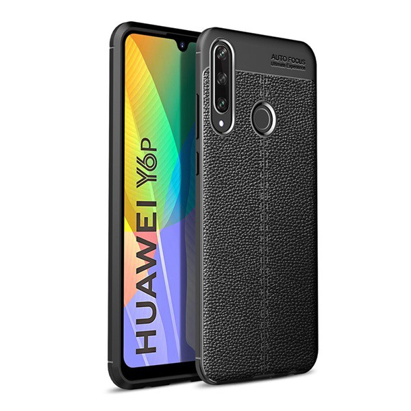 Szilikon telefonvédő (közepesen ütésálló, bőr hatású, varrás minta) FEKETE [Huawei Y6p] (5996457979868)