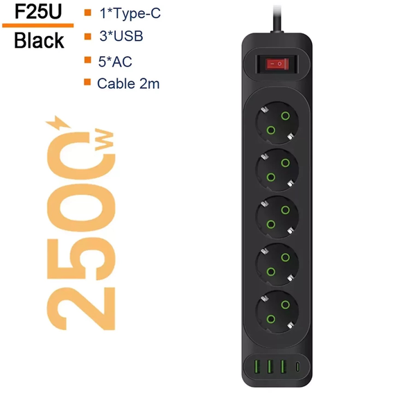 F25U 2m extension cord with 3 Sockets + 3 USB + 1 USB-C