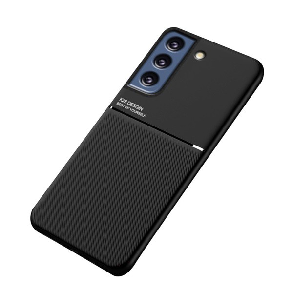 Műanyag telefonvédő (szilikon keret, közepesen ütésálló, beépített fémlemez, bőr hatású hátlap, csíkos minta) FEKETE [Samsung Galaxy S21 FE (SM-G990)] (5996591132938)