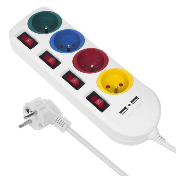 Удължител Maclean, 4 гнезда и 2xUSB, с ключове, 1,5 м, MCE229 W