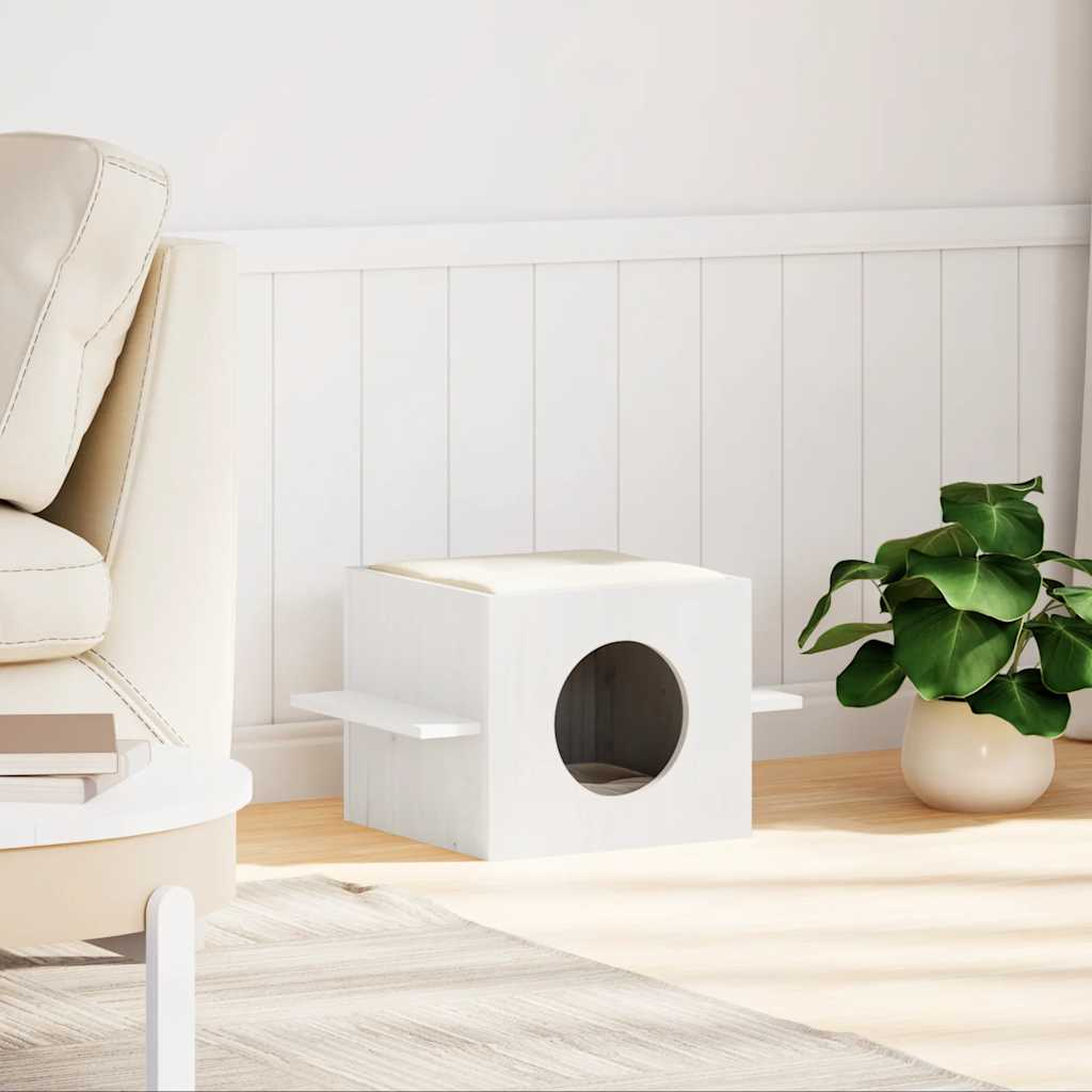 tömör fenyőfa macskaház fehér 51x35x30 cm (859305)