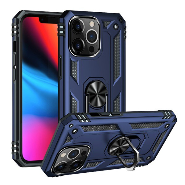 Defender műanyag telefonvédő (közepesen ütésálló, szilikon belső, telefontartó gyűrű, beépített fémlemez) SÖTÉTKÉK [Apple iPhone 13 Pro] (5996591097619)