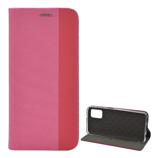 Tok álló, bőr hatású (FLIP, oldalra nyíló, asztali tartó funkció, textil minta) RÓZSASZÍN [Samsung Galaxy A03s (SM-A037F)] (5996591115443)
