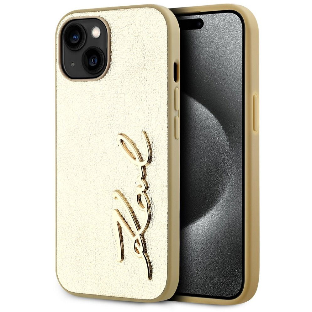 Karl Lagerfeld Wrinkled Signature Logo iPhone 15 aranyszín PU tok (KLHCP15SPFMFBKMD)