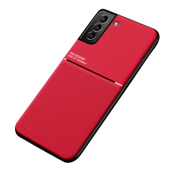 Műanyag telefonvédő (szilikon keret, közepesen ütésálló, beépített fémlemez, bőr hatású hátlap, csíkos minta) PIROS [Samsung Galaxy S22 Plus 5G (SM-S906)] (5996591120843)