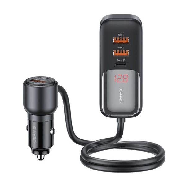 Usams C40 autós töltő 3 USB+2 Type-C aljzat (165W, PD gyorstöltő, LED kijelző + 1.5m hosszabbító) FEKETE (CC213CC01)