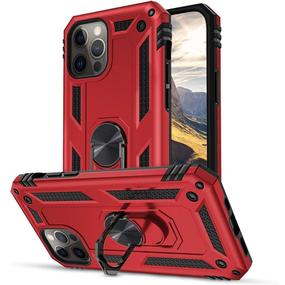 Xiaomi Poco C40, Műanyag hátlap védőtok, közepesen ütésálló, szilikon belső, telefontartó gyűrű, Defender, piros (124248)