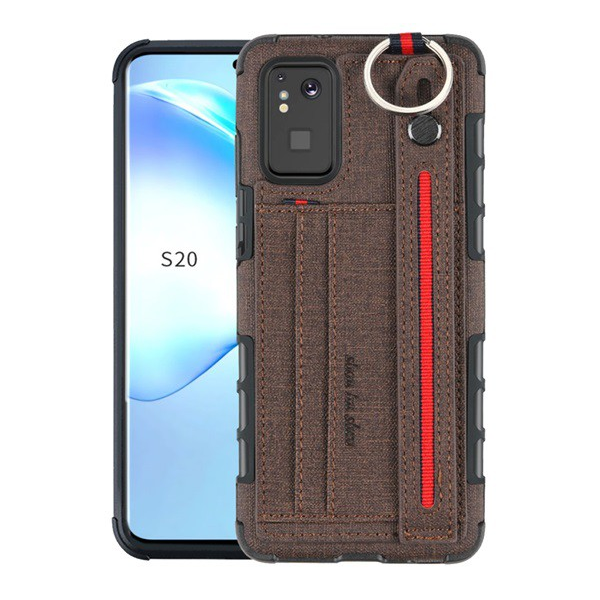 Szilikon telefonvédő (közepesen ütésálló, asztali tartó funkció, bankkártya tartó, texti) SÖTÉTBARNA [Samsung Galaxy S20 Plus 5G (SM-G986)] (5996457957804)