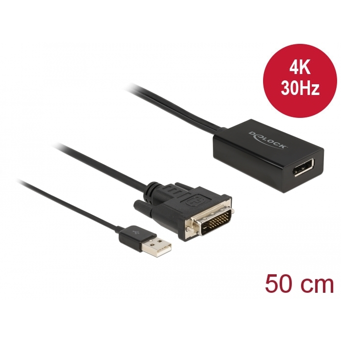 Delock Adapter DVI-dugós csatlakozó > DisplayPort 1.2-csatlakozóhüvely fekete 4K-hez HDR funkcióval (63189) (63189)