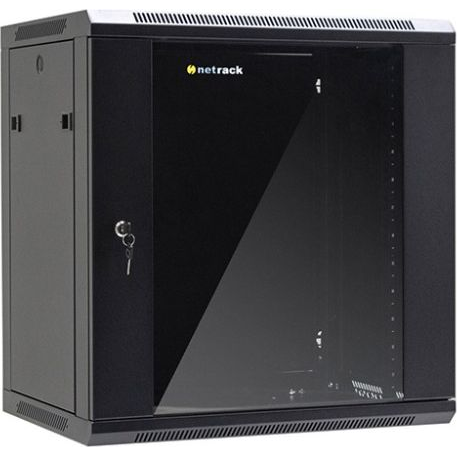 Стенен шкаф със стъклена врата и подвижна страна, Netrack, 12U/450 mm, 19", черен