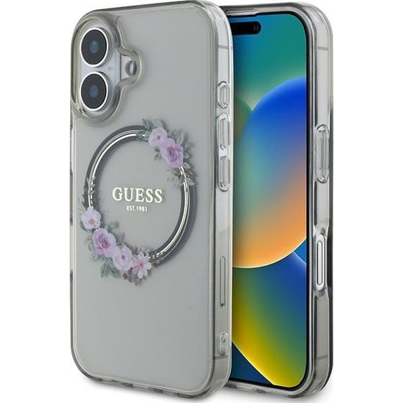 Guess IML Flowers Wreath iPhone 16 MagSafe kemény hátlap tok, fekete GUHMP16SHFWFCK (GUHMP16SHFWFCK)