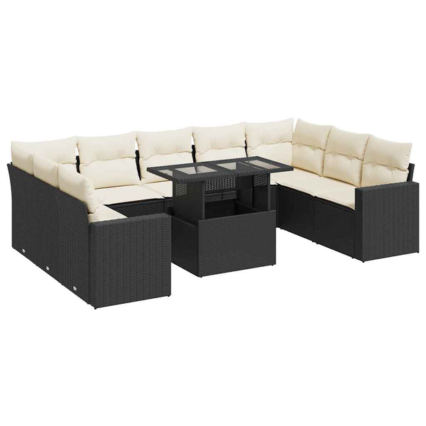 10 részes fekete polyrattan kerti ülőgarnitúra párnákkal